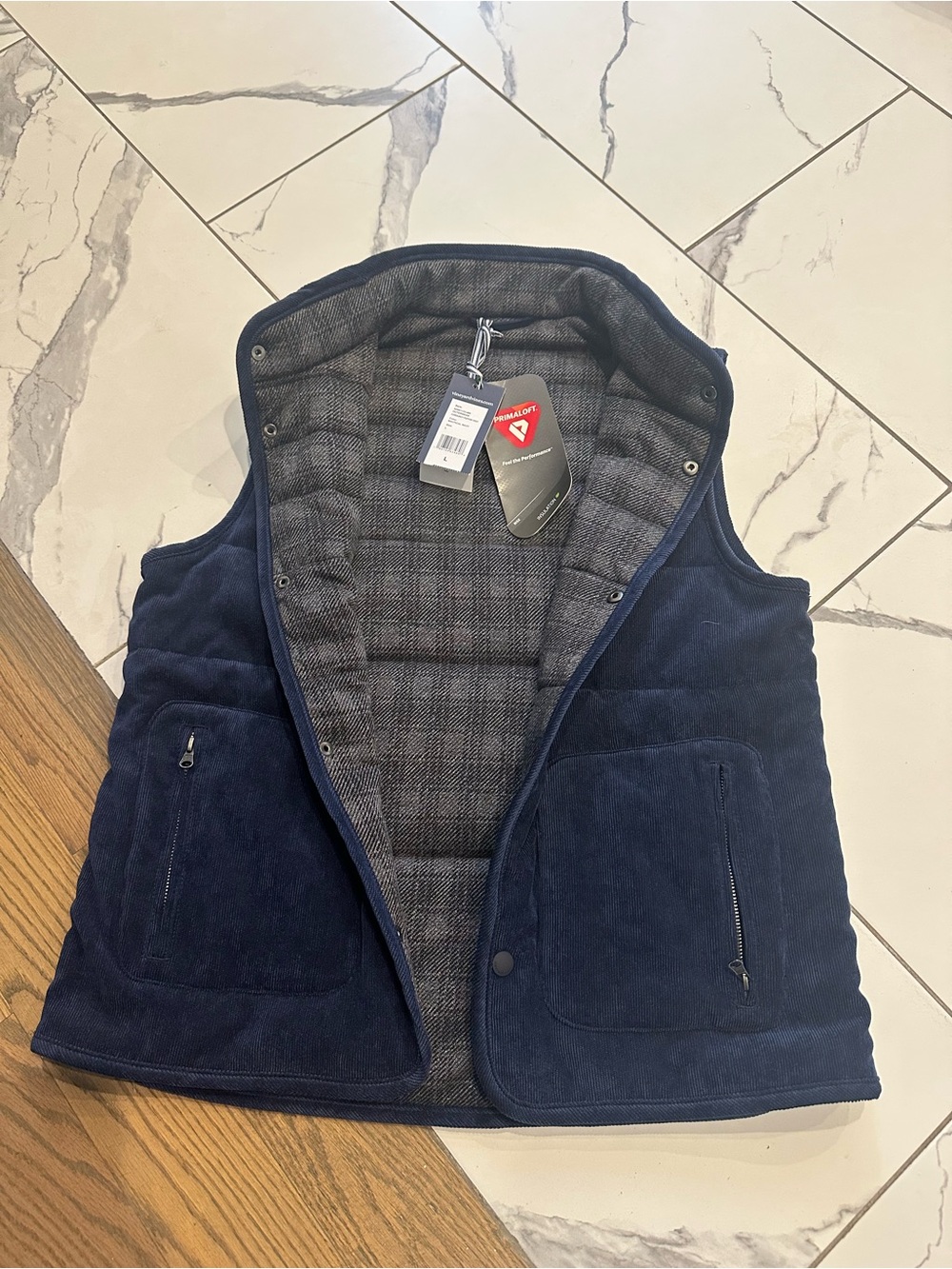 Vineyard Vines Navy Fleece Vest with Gray Plaid Lining